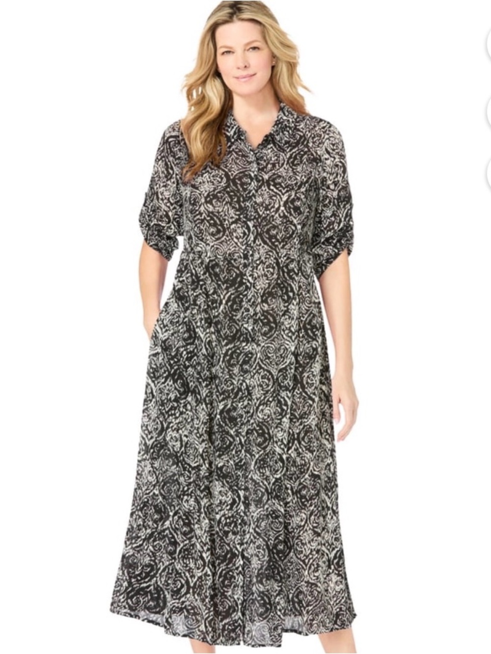 Woman Within Plus Size Roll Tab Sleeve Crinkle Shirtdress 18W Pockets New